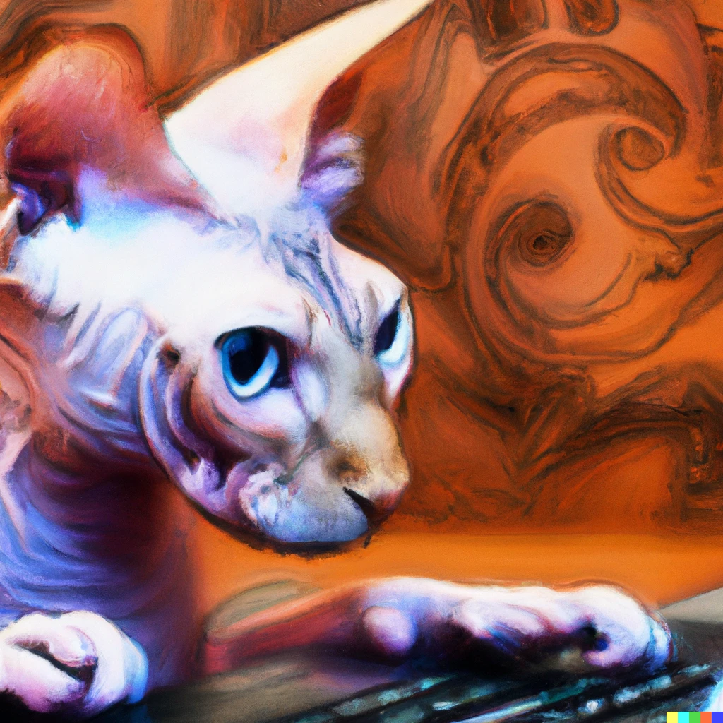 Prompt: A sphinx cat with blue eyes, coding Twitter on a computer, digital art. 