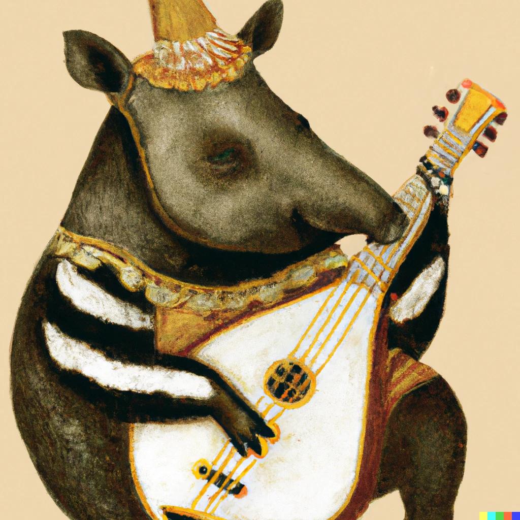 Prompt: Happy Tapir wearing party hat playing lute in baroque style, medieval background