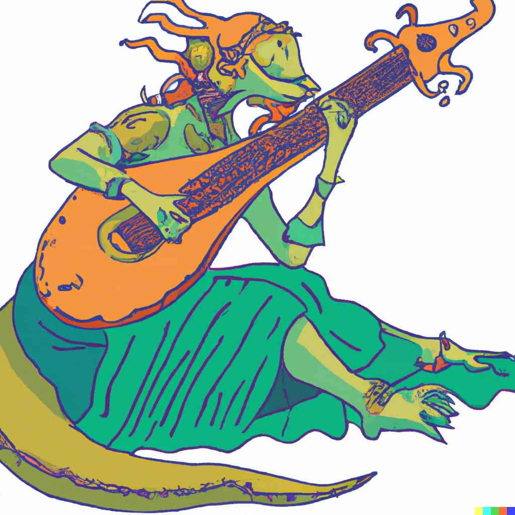 Prompt: Crocodile headed Lizardfolk female playing a Lute in the Style of Mucha