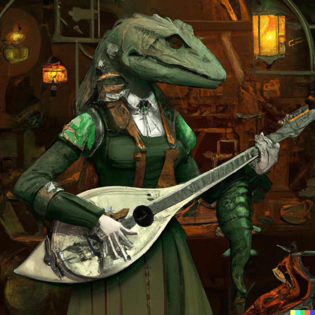 Prompt: Crocodile Headed Lizardfolk female bard holding a lute in a tavern steampunk style
