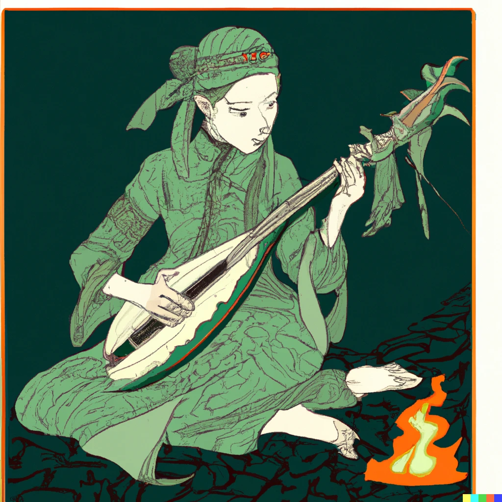 Prompt: A Female Lizardfolk Bard playing the lute  in the Style of a Tarot card