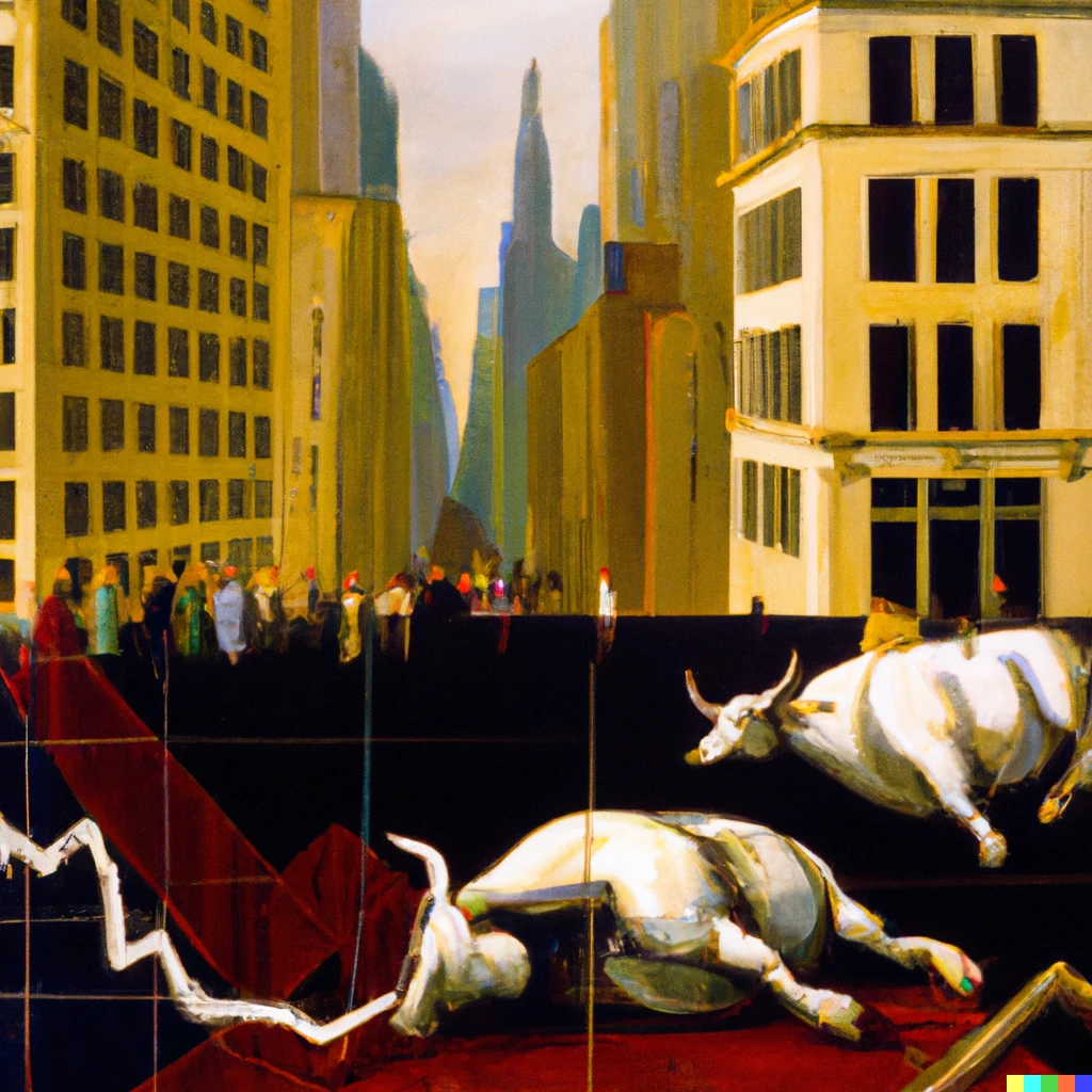 Prompt: A surrealist oil painting of the stock market crash of 2008