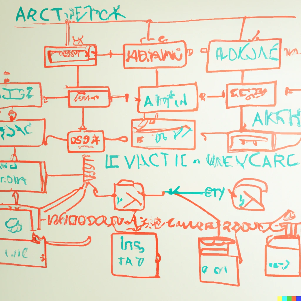 Prompt: A photograph of a whiteboard diagram showing the architecture for a very complex microservice system. Lots of boxes and arrows and colors.