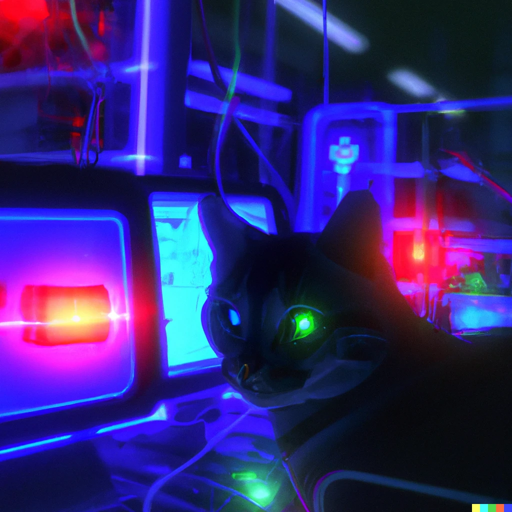 Prompt: High quality render of a cat connected to a computer with wires inside a hospital lab, extremely detailed cats face, with cyberpunk neon lights