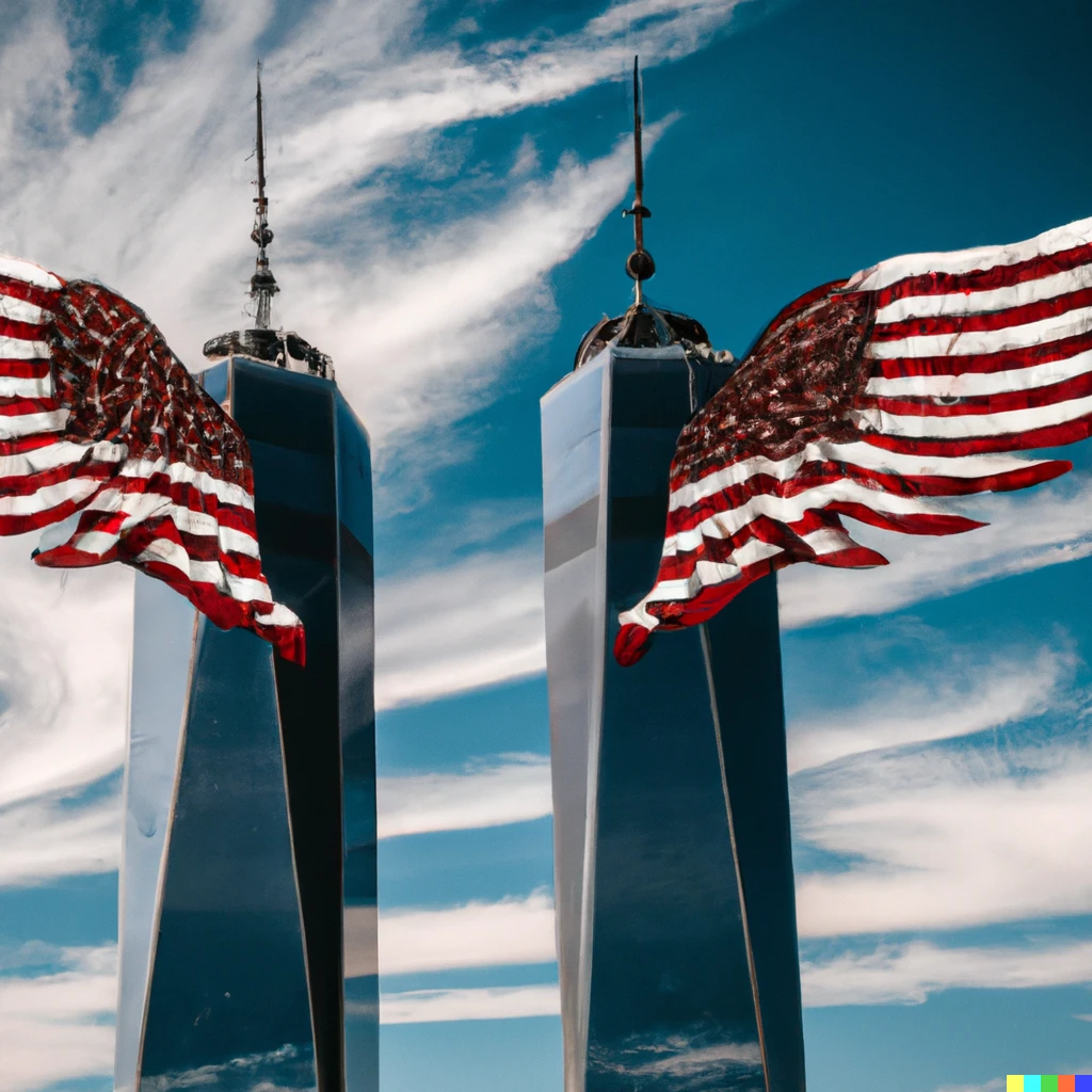 Prompt: A high quality photo of the twin towers having angel wings behind it with an American Flag waving