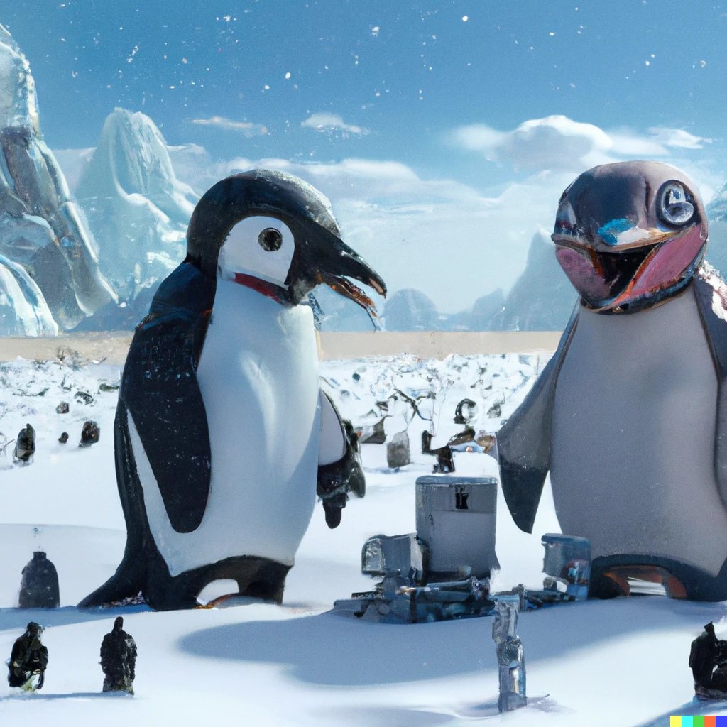 Prompt: High quality photo of 2 giant penguins eating robots in a field of snow