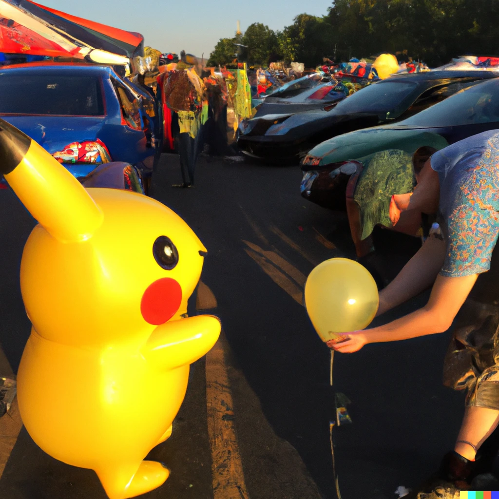 Prompt: Pikachu buying a nitrous balloon in the parking lot of a Phish show