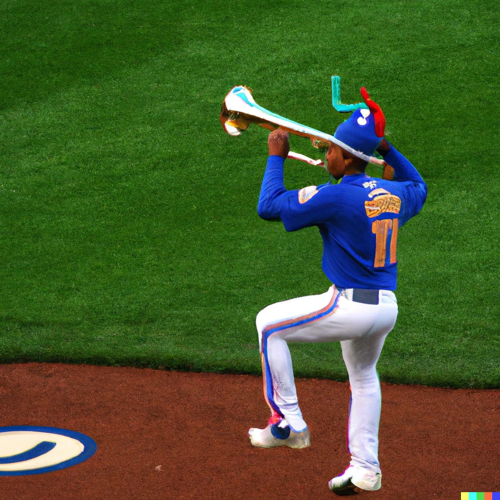 Prompt: New York Mets closer Edwin Diaz entering the game riding on flying trumpets