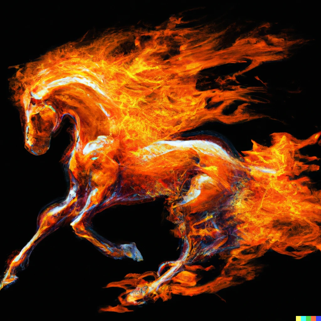 Prompt: a running horse made of flames, digital art