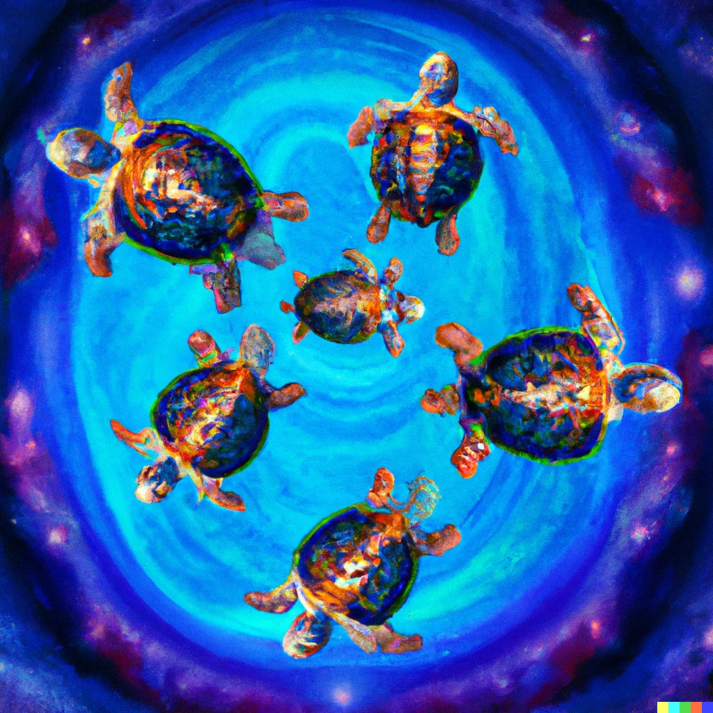 Prompt: universes made of universes inside a multiverse inside a universe on the back of turtles all the way down