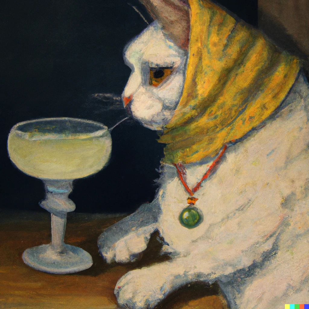 Prompt: Cat sipping a margarita in the style of Vermeer, painting 