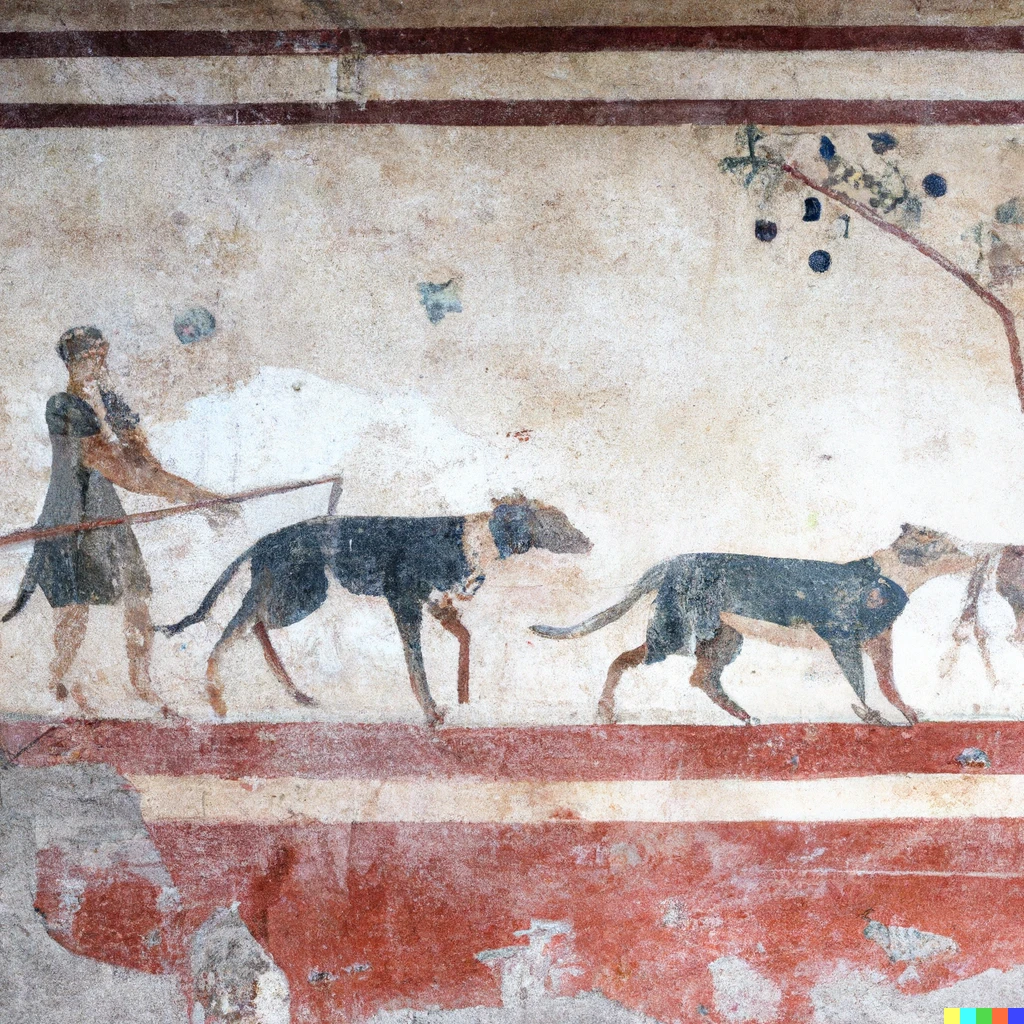 Prompt: a Pompeian mural featuring people playing fetch with their dogs