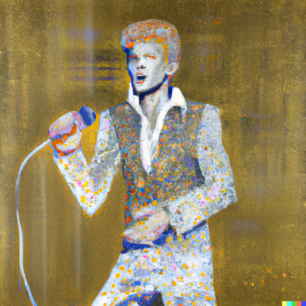 Prompt: David Bowie singing, Gustav Klimt style painting