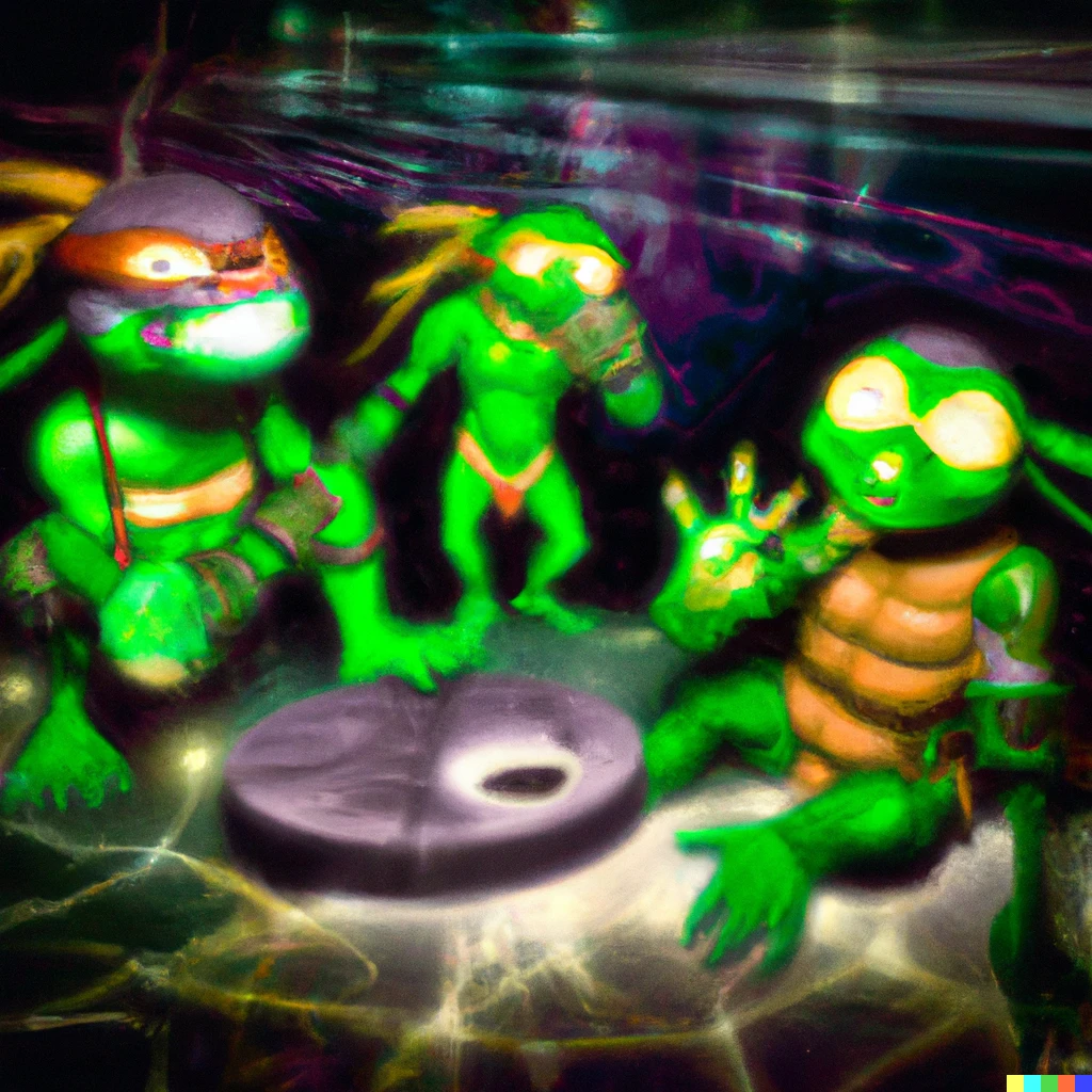 Prompt: a rendering of teenage mutant ninja turtles using their clamshell communicator device to talk to a giant rat in the sewers taken under psychedelic lighting