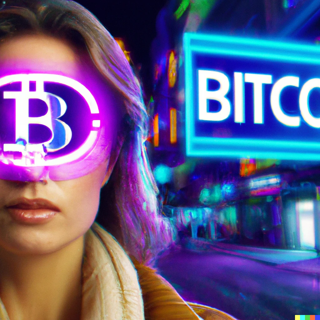 Prompt: A crypto woman OG with purple laser eyes is standing in front of a bitcoin billboard in a cyberpunk city street with the bitcoin logo on it without words while blue neon lights shine on her. 
