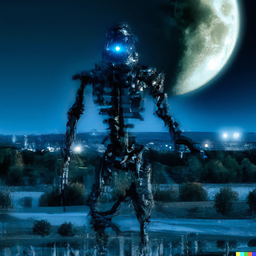 Prompt: “The terminator robot cybernetic organism comes back on earth warning the people about skynet during the night with moonlight reflecting from the metal skeleton”