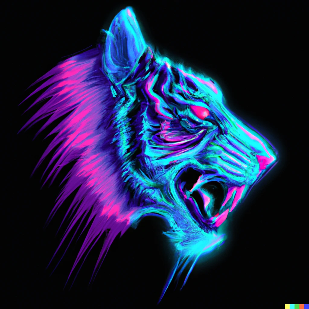Prompt: Side profile of blue tiger head with neon pink eyes firing lasers