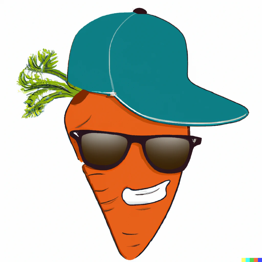 Prompt: Carrot wearing a baseball cap and sunglasses