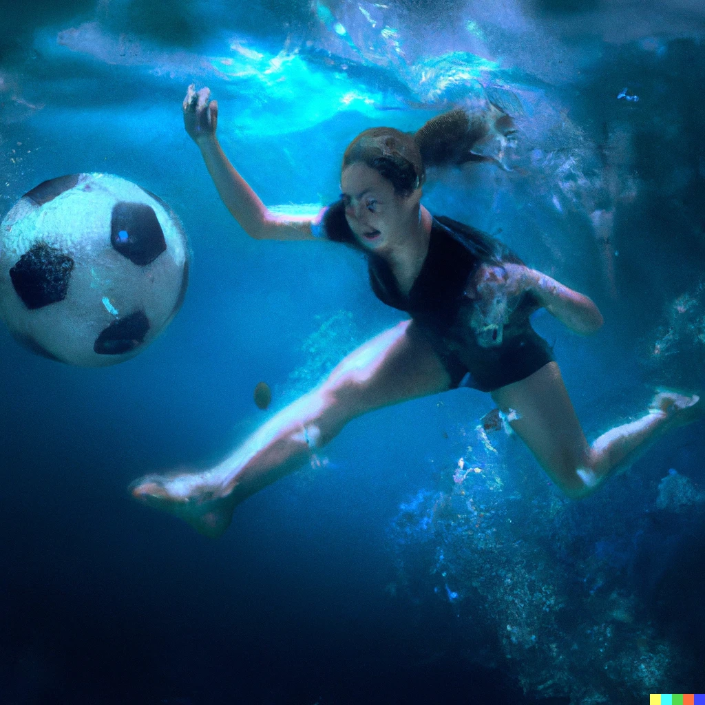 Prompt: Digital art of a woman playing football underwater