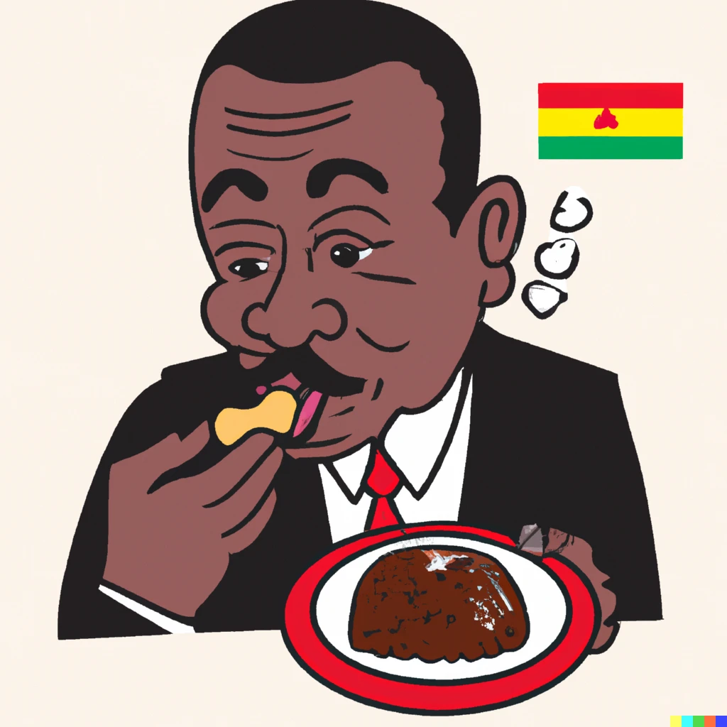 Prompt: President of Ghana eating national cake, cartoon
