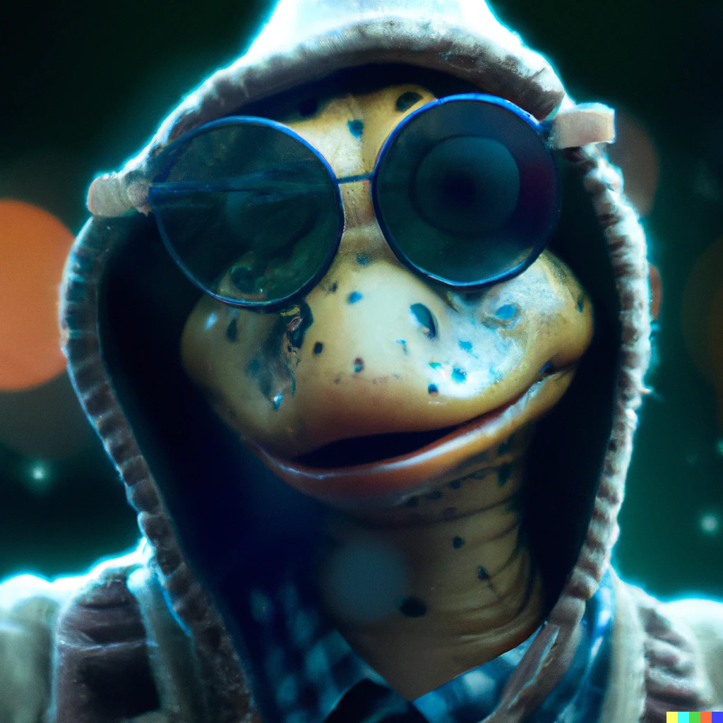 Prompt: Woody Allen movie still with a humanoid toad wearing hoodie, soft focus, cyberpunk, synthwave, bokeh, close up, 3/4 portrait 