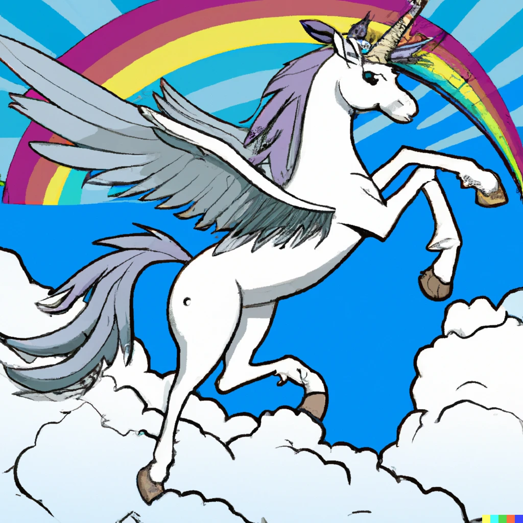 Prompt: a manga cartoon style image of a unicorn pegasus hybrid animal flying through clouds on a rainbow