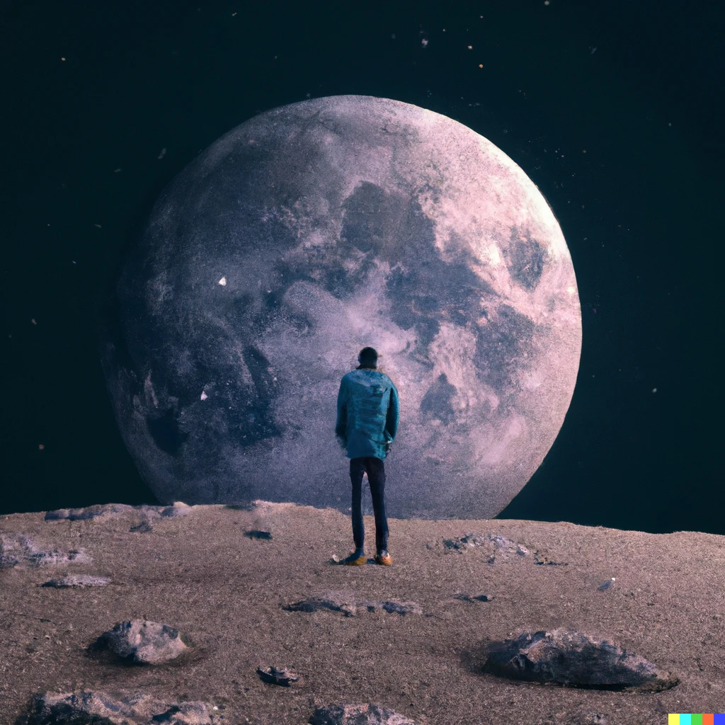Prompt: a man standing on the moon watching universe