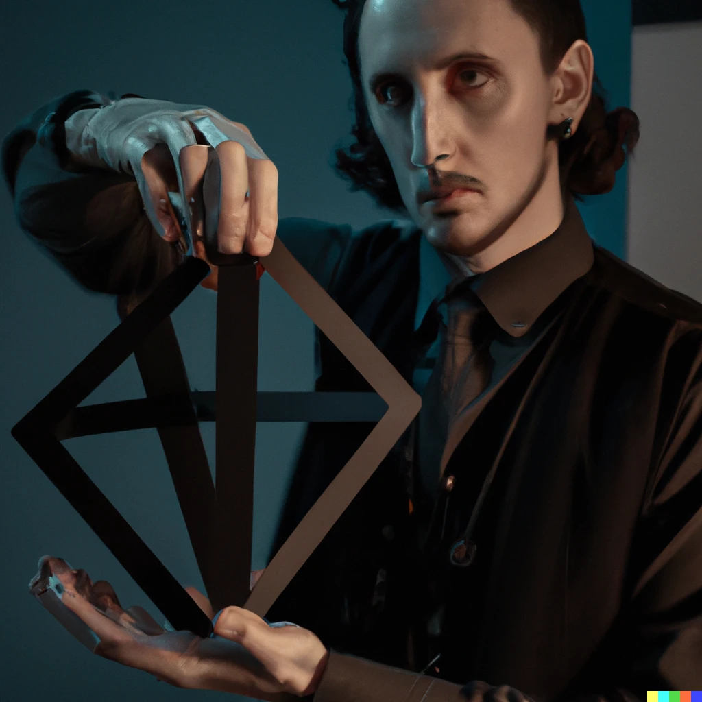 Prompt: full scene photo of lovecraft holding a piece of non-euclidean geometry, a cube with too many angle