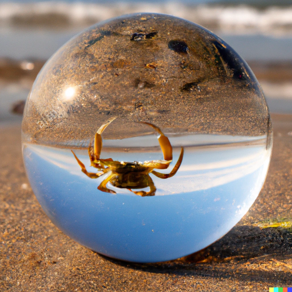 Prompt: a transparent sphere on a beach with a crab looking at it