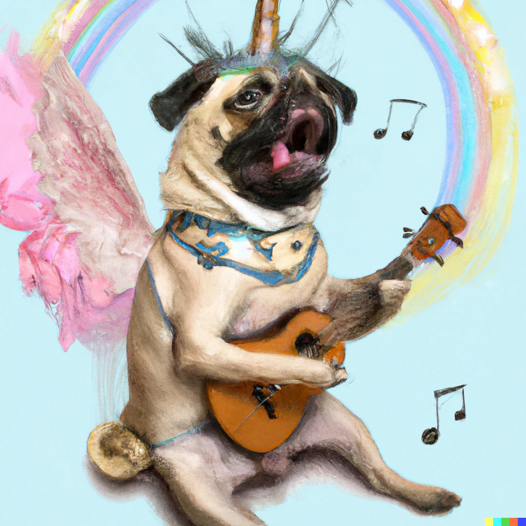 Prompt: Pug with a unicorn horn and wings playing ukulele and singing, digital art