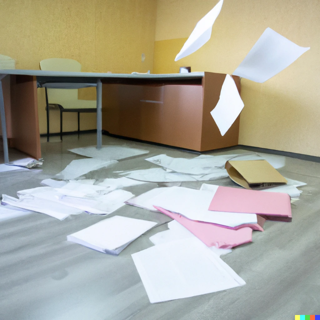 Prompt: Too many printed documents randomly lying on the office floor next to some office desks, some empty document boxes and cases nearby, a page of paper is falling down.