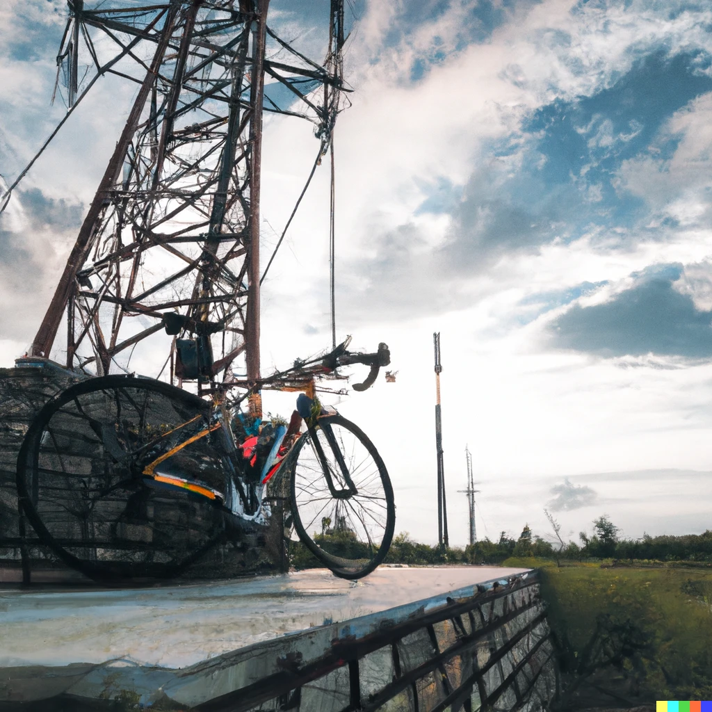 Prompt: A road bicycle stopped on highway road before red brick curb stones, and on the back there are a few electrical towers aligned on the grassland at cloudy sunset, a photo shoot at a lower position, with wide-angle camera