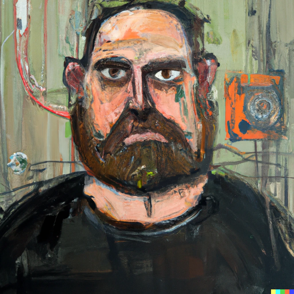 Prompt: an oil portrait by ralph steadman of grant thomas, the technologist and advertising creative from portland oregon. he's got brown hair and eyes. he has thin beard a buzzcut. he's a little chubby, has a deeply furrowed brow , thinning hair, and wears a black t shirt.