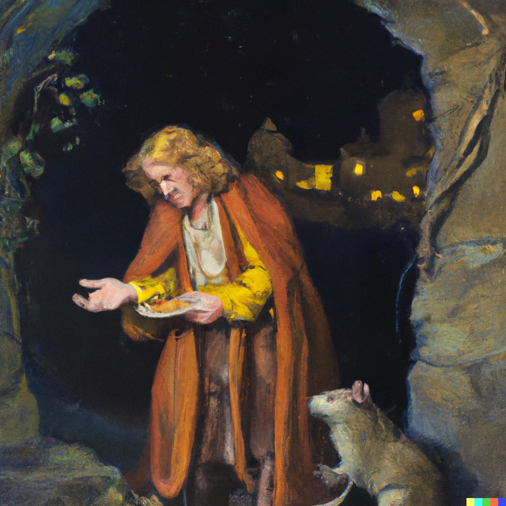 Prompt: oil painting of Owen Wilson as a fantasy druid, handing a piece of cheese to a rat, outside an inn at night