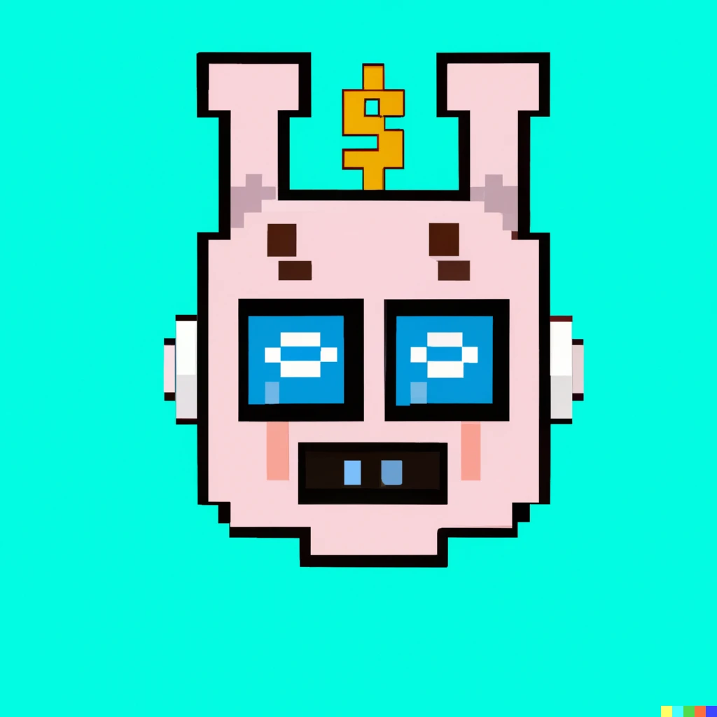 Prompt: 32x32 pixel art portrait of a robot wearing airpods with robot screen face that has pink dollar sign eyes and cat mouth in turquoise background