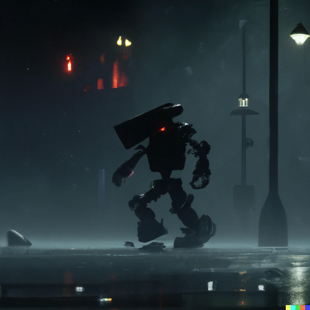 Prompt: A robot heroically walking in the rain, at night, in urban city, cinematic, 4k, sharp focus, emitting diodes, smoke, artillery, sparks, racks, system unit, matte painting, 4k resolution blade runner