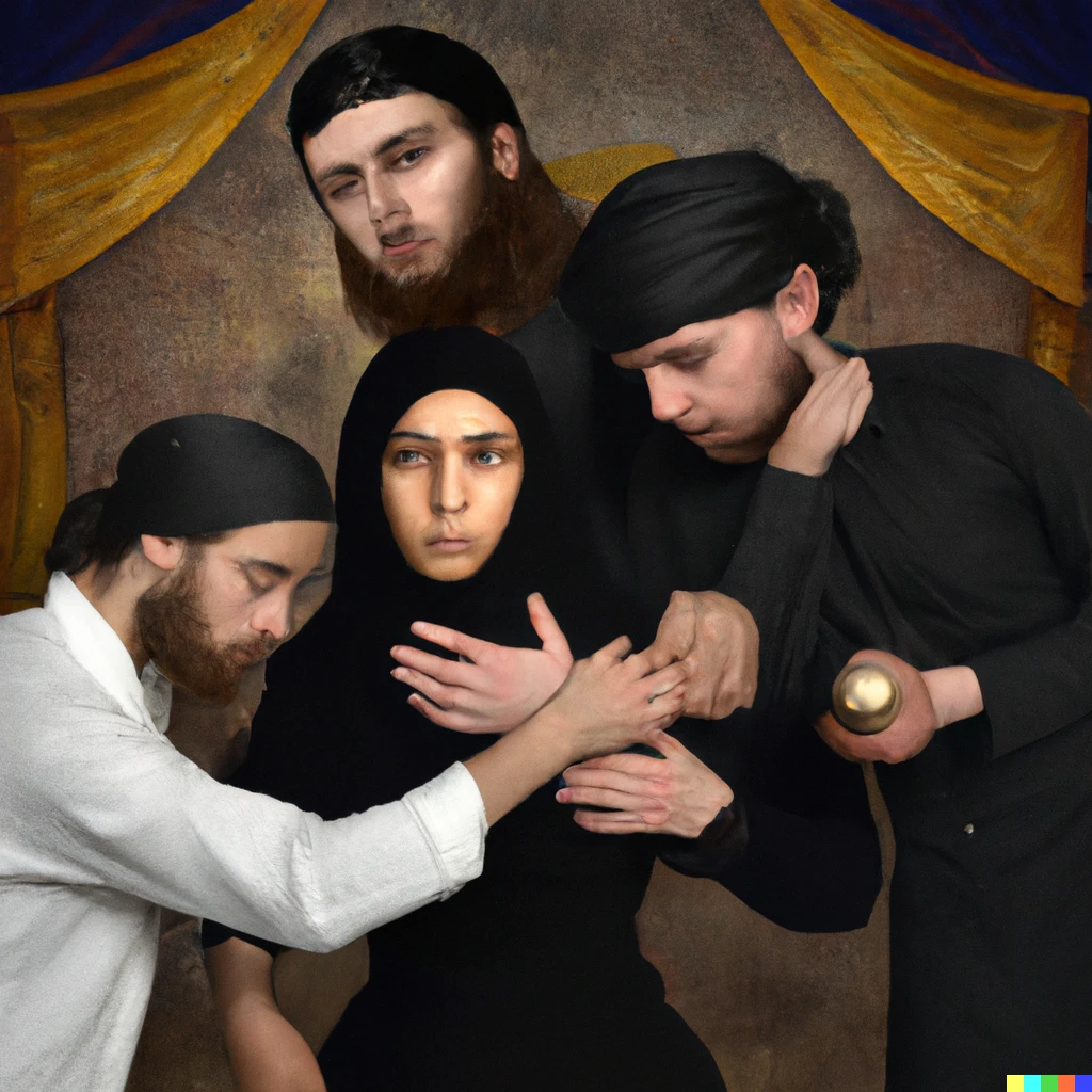Prompt: Shamima Begum fighting 3 Christian men in the style of rembrandt 