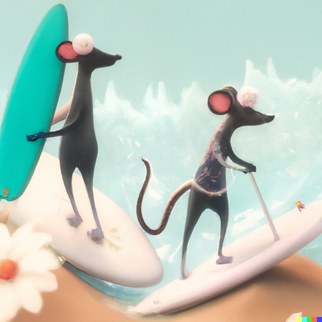 Prompt: a macro 35mm photograph of two mice in Hawaii, they're each wearing tiny swimsuits and are carrying tiny surf boards, digital art