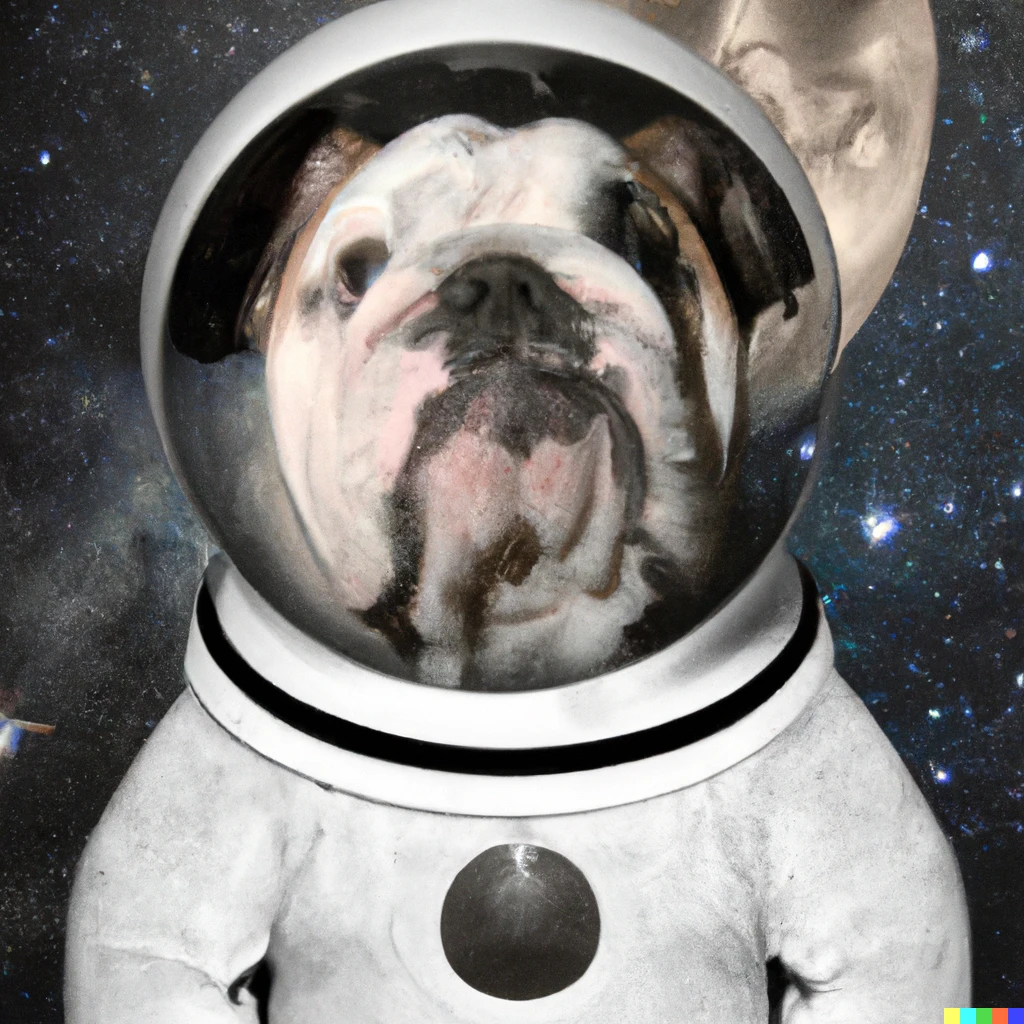 Prompt: An English Bulldog in a space suit orbiting the moon.
