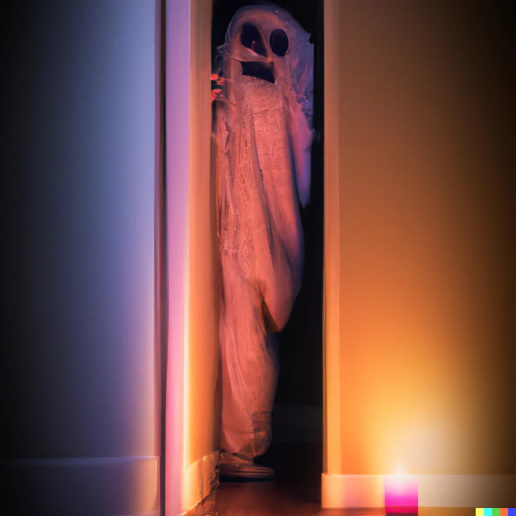Prompt: A scary monster coming out of a hallway closet by candle light. 