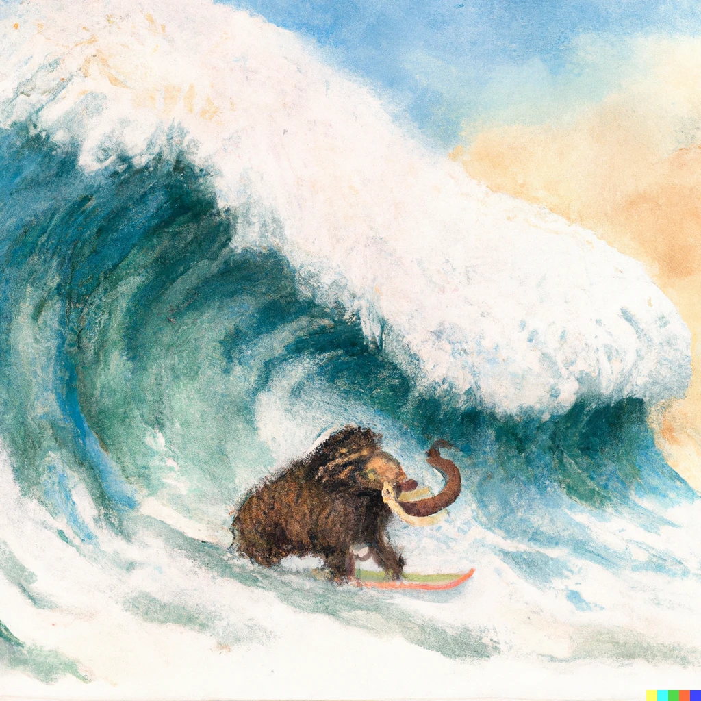 Prompt: A watercolor painting of a wooly mammoth surfing a giant wave.