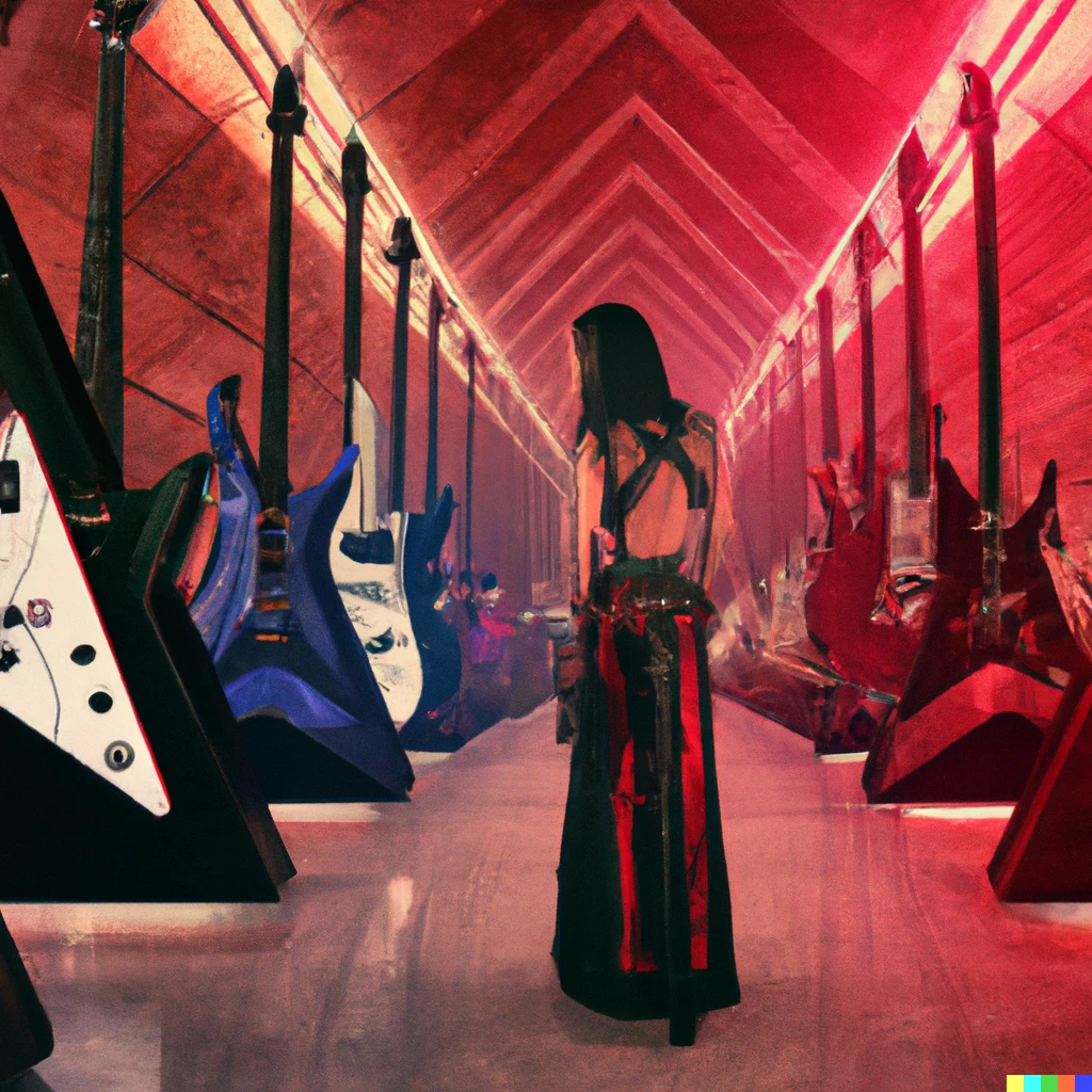 Prompt: A collection of electric guitars hanging in the Louvre museum in cyberpunk style with a woman in a red dress looking at them, digital art.