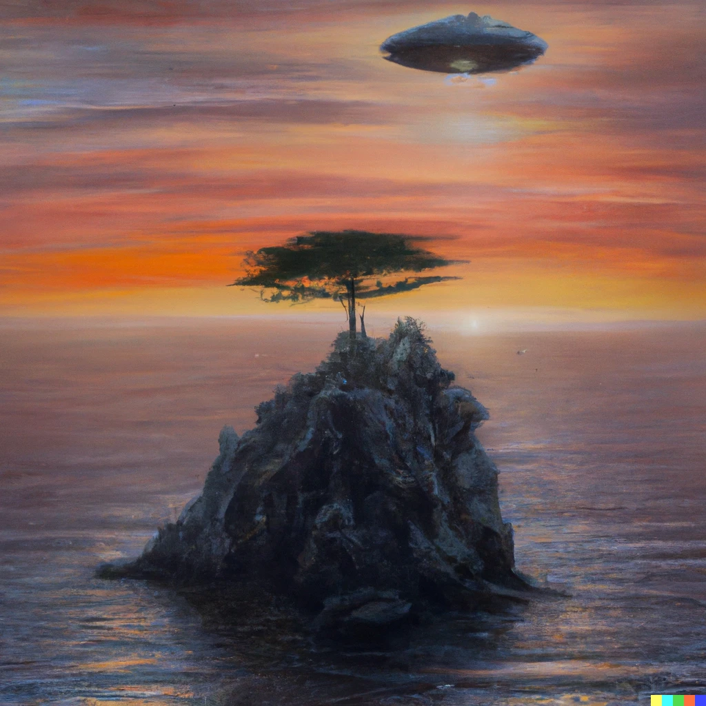 Prompt: A realistic oil painting of a lone cypress growing on a large floating egg shaped rock high above the ocean at sunset with a UFO flying in the background.