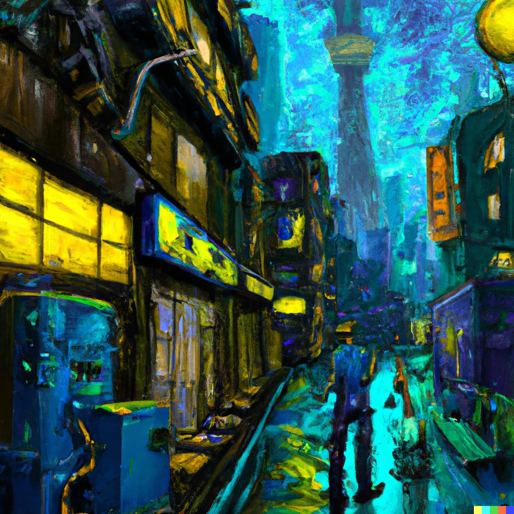 Prompt: A Tokyo cyberpunk scene painted by Vincent van Gogh.