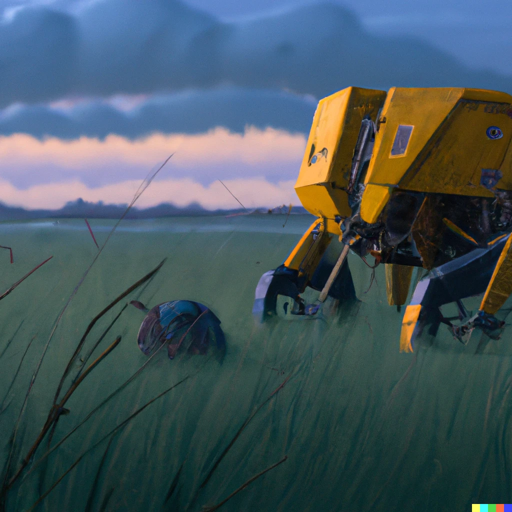 Prompt: A photorealistic digital painting of an abandoned four-legged battle robot in a farm field at sunset in the style of Simon Stålenhag.