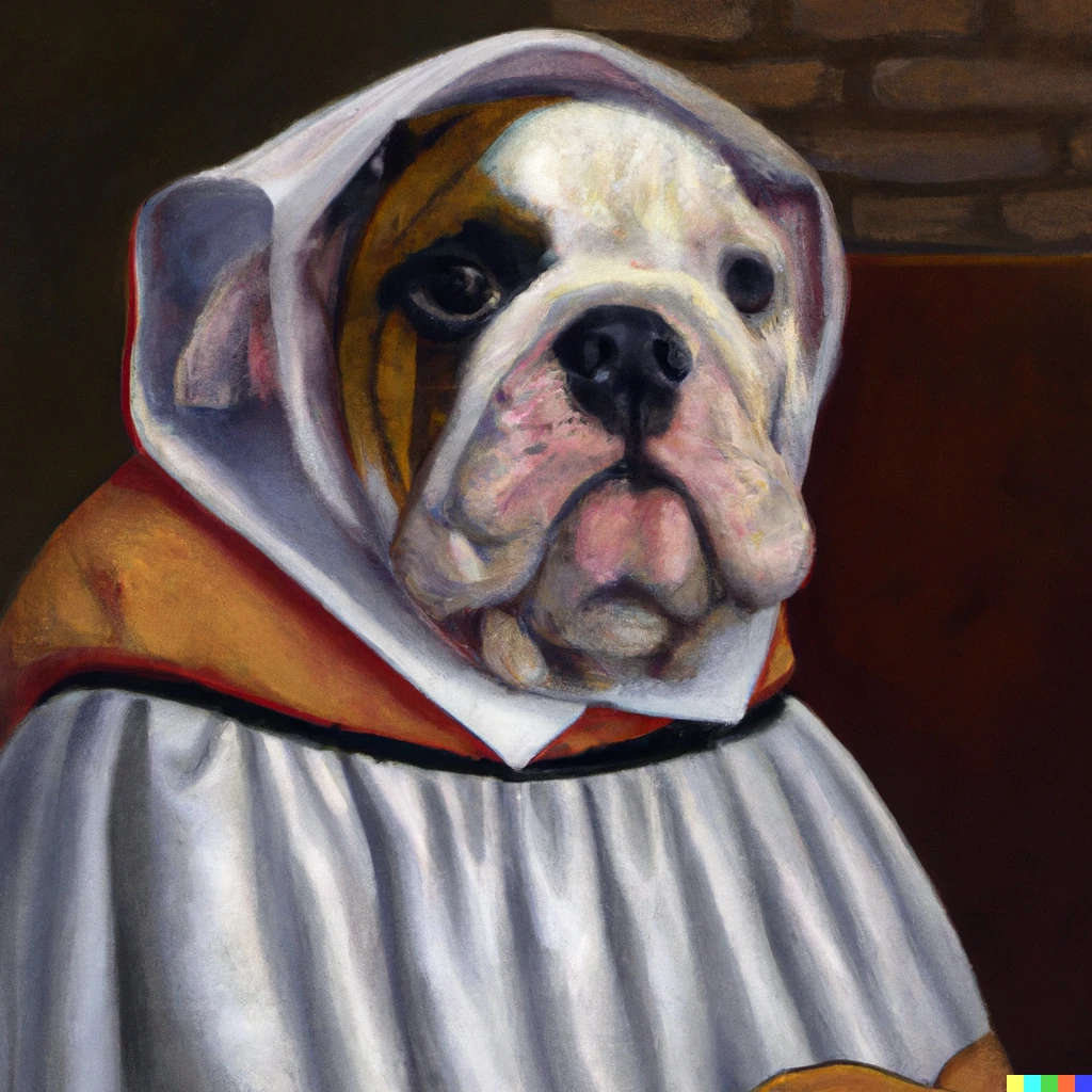 Prompt: An oil painting of an English Bulldog wearing the pope's clothing in the style of Johan Vermeer.