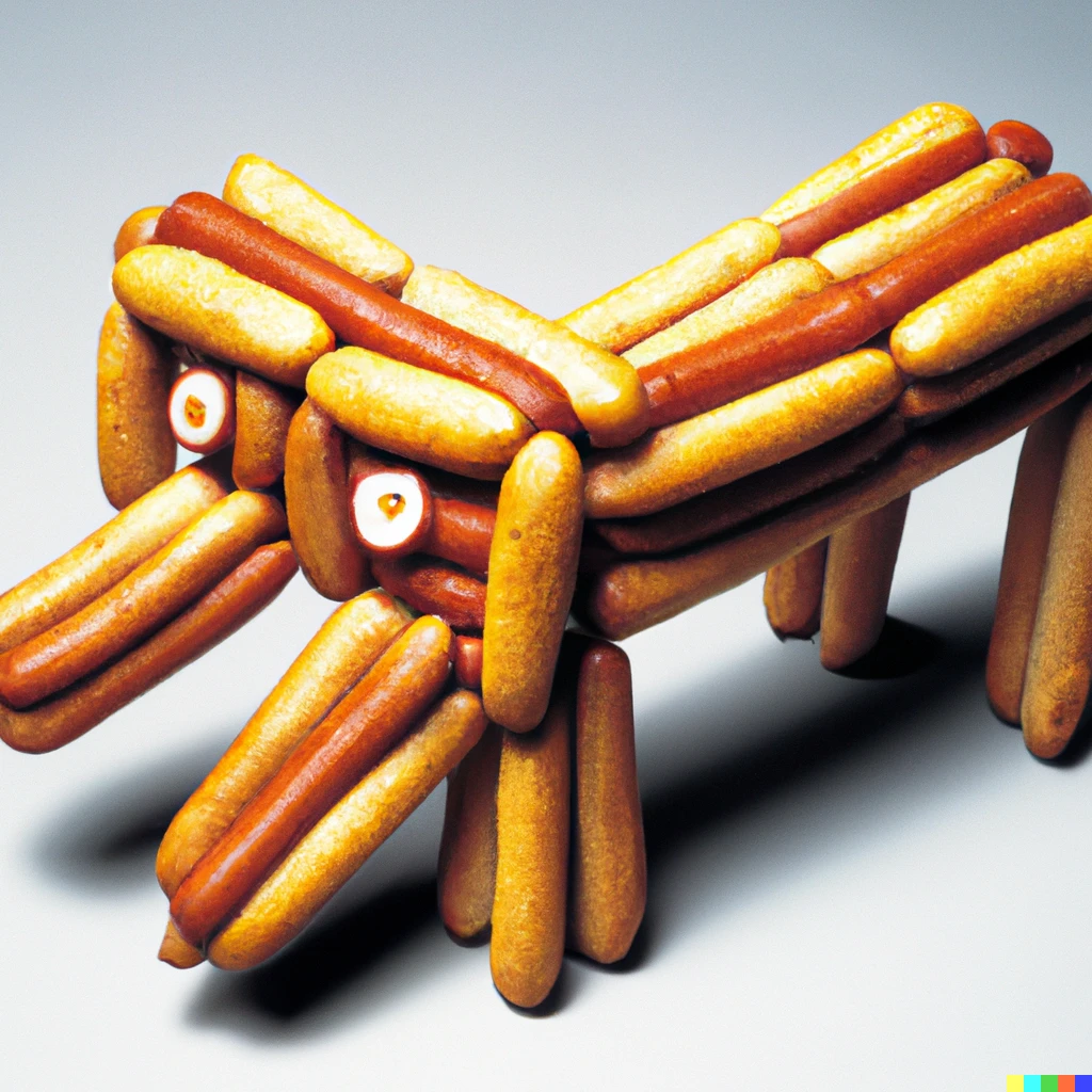 Prompt: A dog made of hotdogs, realistic, studio lighting