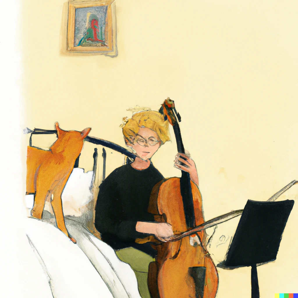 Prompt: painting of a blonde 13 year old boy playing the cello in his bedroom in the 1990s with his ginger cat in the style of Quentin Blake