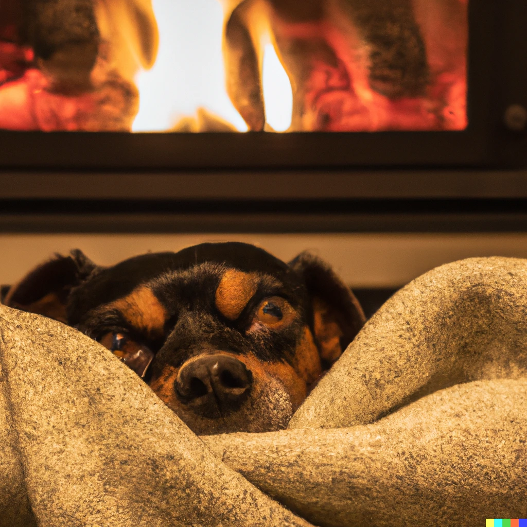 Prompt: A dog hidden onder a blanket with a cosy fireplace in the background