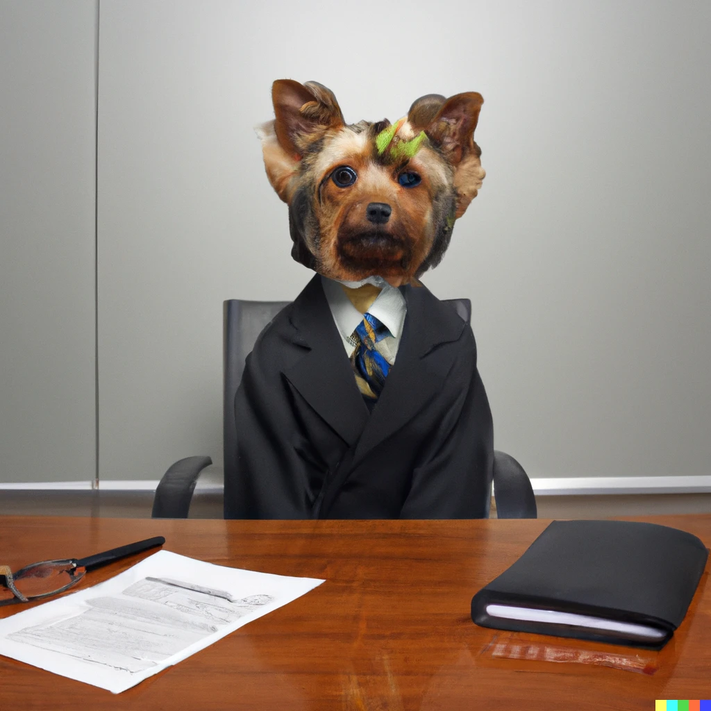 Prompt: a teacup yorkie interviewing to work at goldman sachs